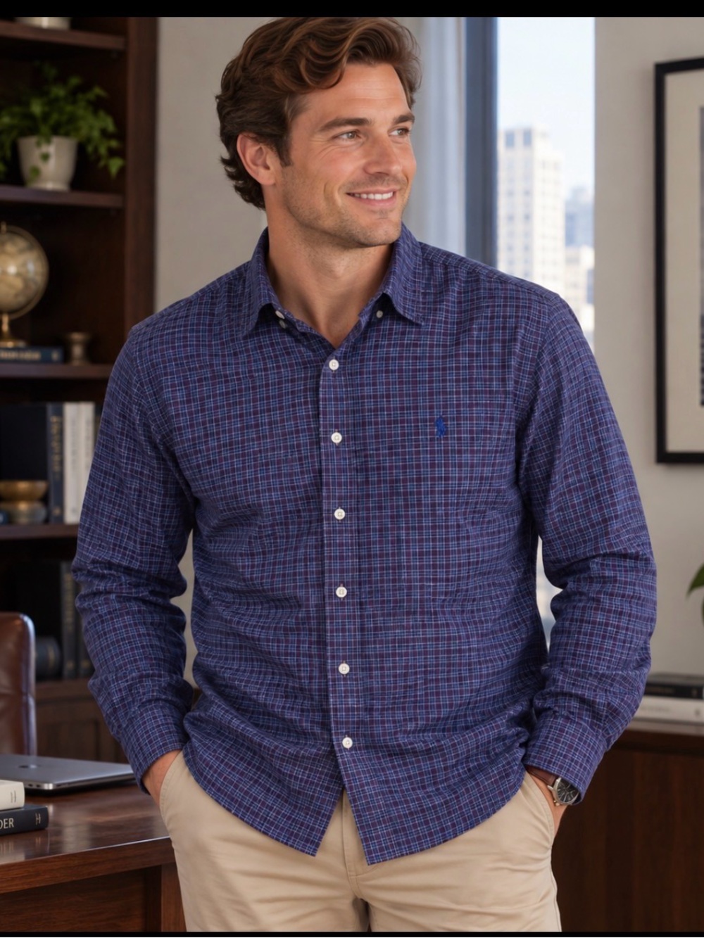 Polo Ralph Lauren Shirt Mens 3XB 3X Big Purple Navy Blue Plaid Cotton Stretch